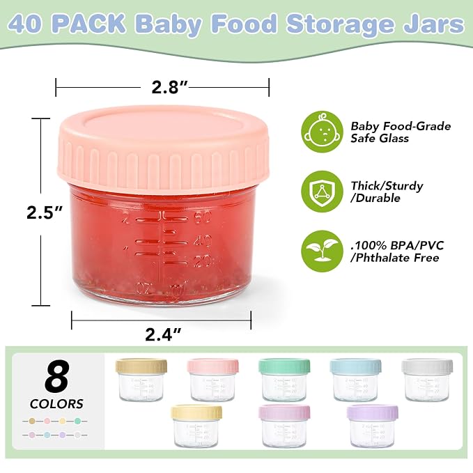 RowinsyDD 40 Pack Baby Food Containers, 4 oz Glass Baby Food Jars with Lids | Baby Food Storage Containers Small Baby Food Jars Glass with Lids Baby Food Containers for Freezer Microwave Safe BPA Free
