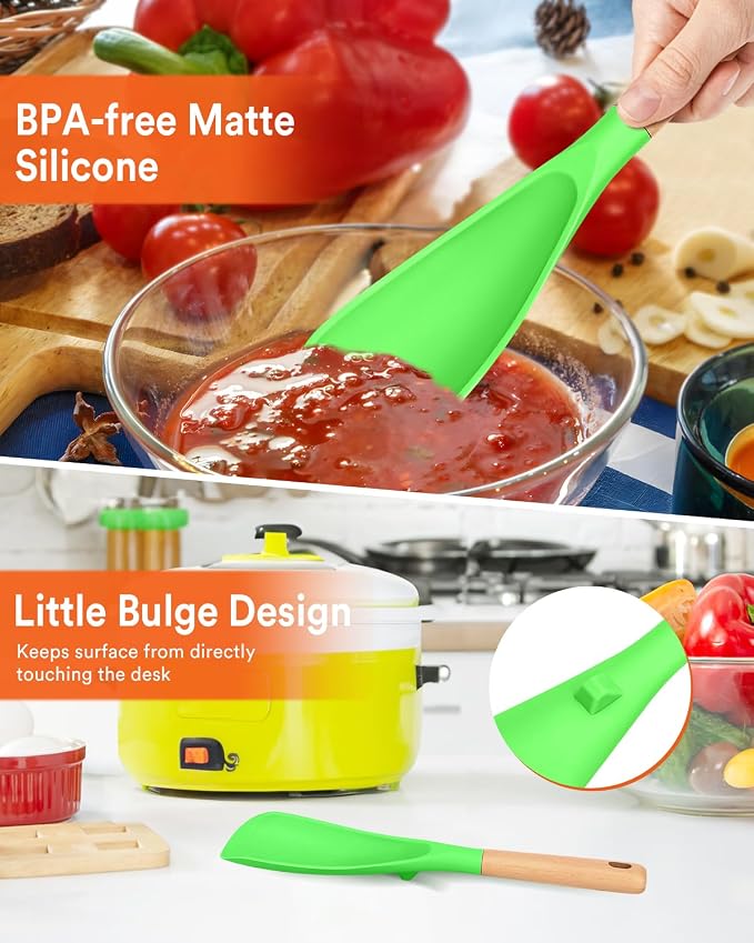 Cooking Spoon and Rice Scooper for Nonstick Cookware,Multi-function | Great for Cooking and Serving, Sturdy BPA-Free Matte Silicone, Wood Handle Spoon for Mixing, Scoop, and Scrape,9.3"+14.3"