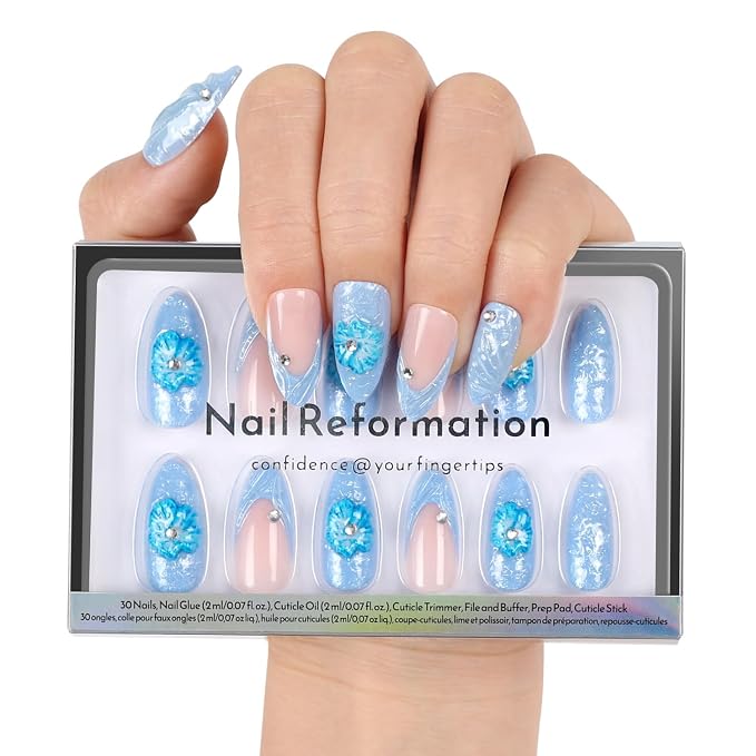 Nail Reformation Press On Nails, Blue Agate | Summer Medium Almond 30 Pcs | 15 Sizes Fake Nails with French Tip & 3D Flowers & Gems in Glossy Finish, Reusable Stick On Nail Kit, Gifts for Women