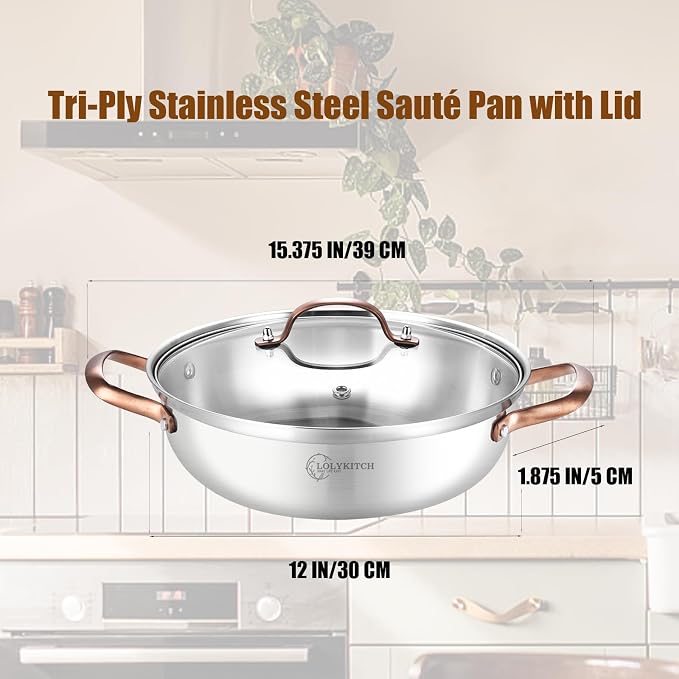 LOLYKITCH 3.5-Quart Stainless Steel Kadai with Lid | 11-Inch Hotpot Pot | Tri-Ply Stainless Steel Saute Pan | Everyday Pan | Induction Indian Cooking Pan | Dishwasher and Oven Safe | 2-3 Servings