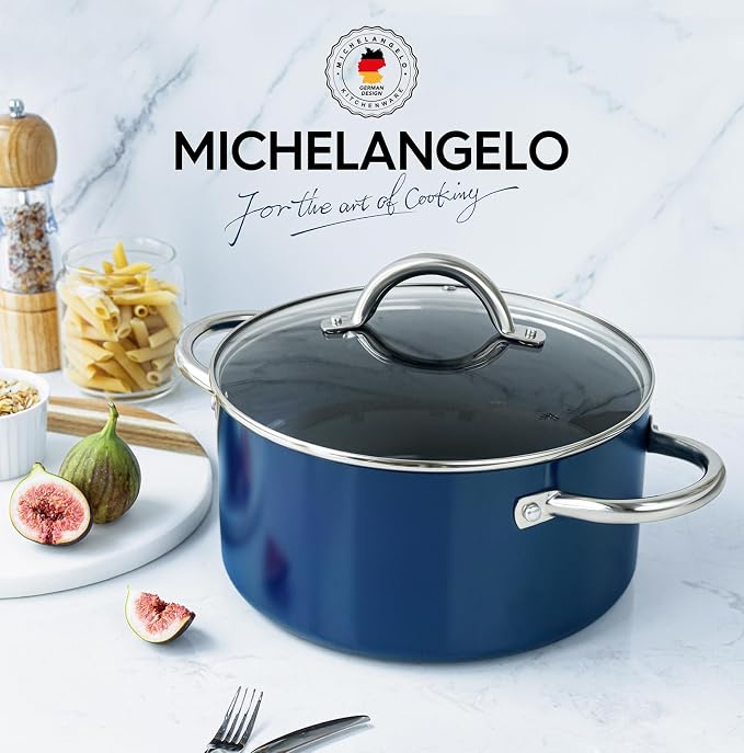 MICHELANGELO 5 Qt Ceramic Nonstick Stock Pot with Lid for Daily Meals, Blue | Aluminum stock pot with ceramic nonstick coating, glass lid, stainless handles and induction-ready base for small households