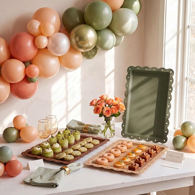 6 Pcs Brown and Sage Green Serving Trays Plastic Platters Dessert Cupcake Holder Party Supplies 14.4 x 9.3 Inches Rectangular Cookie Snack Display Tray for Wedding Restaurant