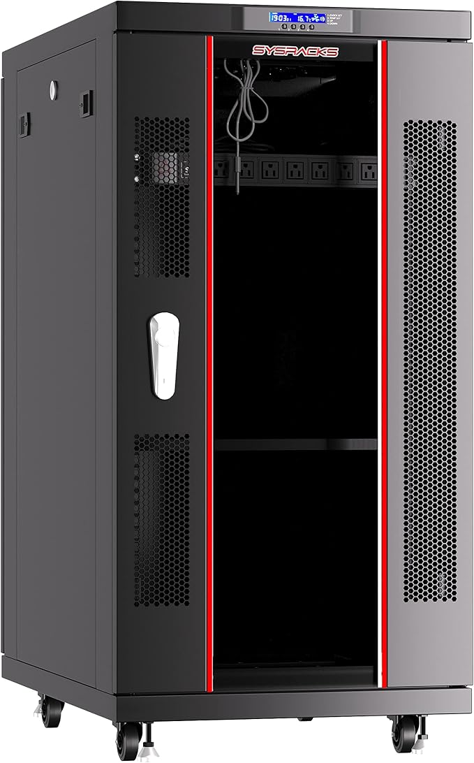 22U Home Server Rack Cabinet – 19" Floor Standing Network Rack, 32" Deep Homelab Rack with Locking Glass Door, Cooling Fans, PDU & Shelf for NAS, Router, Switch and AV Equipment