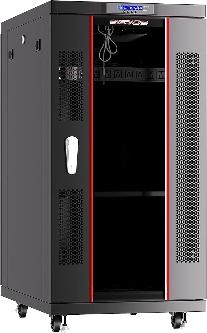 Sysracks 22U Server Rack Cabinet, 39" Deep, Glass Door, 19-Inch | 4-fan thermostat cooling, 8-outlet PDU, shelf, casters, cable entry brushes