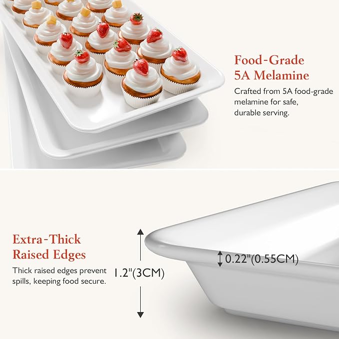 Bumusty Large 3-Tier Melamine Serving Tray Set, 17 x 8.7 in, Gold Stand | Melamine Reusable Platters with Metal Display Stand for Cupcakes, Desserts, Fruit, Cookies, Parties, Birthdays and Holidays