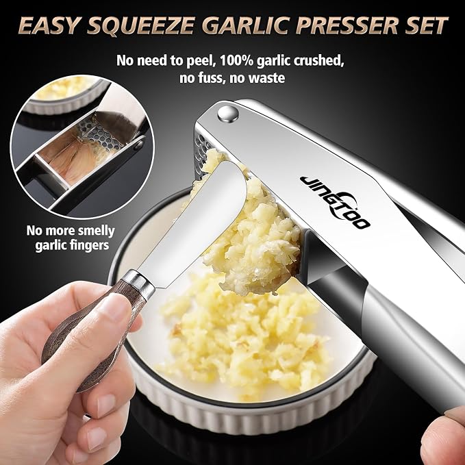 Garlic Press Stainless Steel, Premium Garlic Mincer No Need to Peel | Garlic Crusher & Ginger Masher, Large Trough, Ergonomic Handle, Easy Squeeze, Rust Proof, Dishwasher Safe, 5 Years Warranty