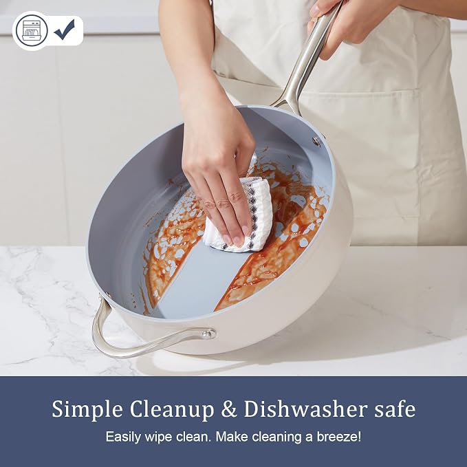 CookinCraze Premium Ceramic Sauté Pan with Lid, 4.5 QT Nonstick Deep Pan | for Healthy Everyday Cooking, PFAS & PTFE Free, Induction Compatible, Oven Safe up to 500°F, Stay-Cool Handle, Navy Blue