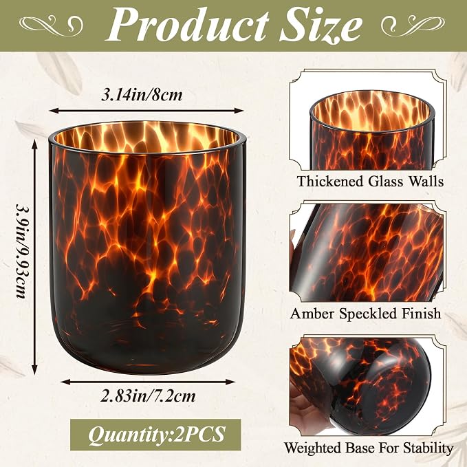 SiliFine Set of 2 Tortoise Shell Wine Glasses, 14oz Brown Decorative Tumbler Cups, Hand Blown Leopard Print Stemless Glassware for Home Decor, Ideal for Wedding Gifts, Housewarming, Cocktail Party