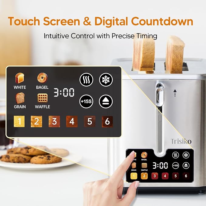 Smart Touch Screen 2 Slice Toaster, Wide Slot,Stainless Steel | 900W digital toaster with 6 shade levels, bagel, defrost, reheat, cancel, crumb tray, and cord wrap for small kitchens