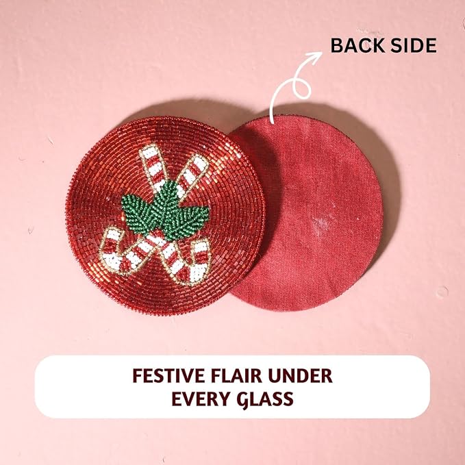 Folkulture Cute Coasters,Set of 4 for Drink,Waterproof, Boho Table Décor | Holiday Magic Beaded Handmade Round Drink Coasters for Coffee Table & Bar, Hand-Crafted Cute Coasters for Housewarming Gifts