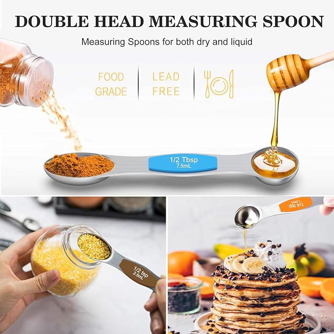 Wildone Measuring Cups and Magnetic Measuring Spoons Set, 21Pcs | 8 Stainless Measuring Cups, 7 Magnetic Measuring Spoons, Leveler & 5 Mini Spoons for Spice Jar and Liquid, Multicolor