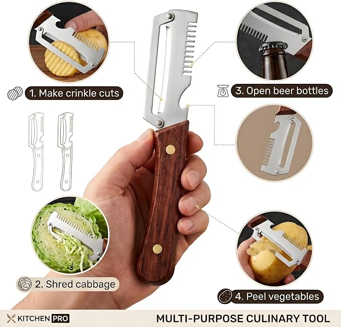 2 Pack Multifunctional Vegetable Peeler, 3-in-1 Peelers For Kitchen with Bottle Opener, Sharp Stainless Steel Swivel Blade, Wooden Handle, For Vegetables or Fruits that Need to Be Peeled