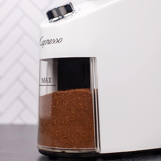 Capresso Infinity Plus Conical Burr Grinder, White | Commercial-grade steel burrs, 16 settings, low-speed gear motor