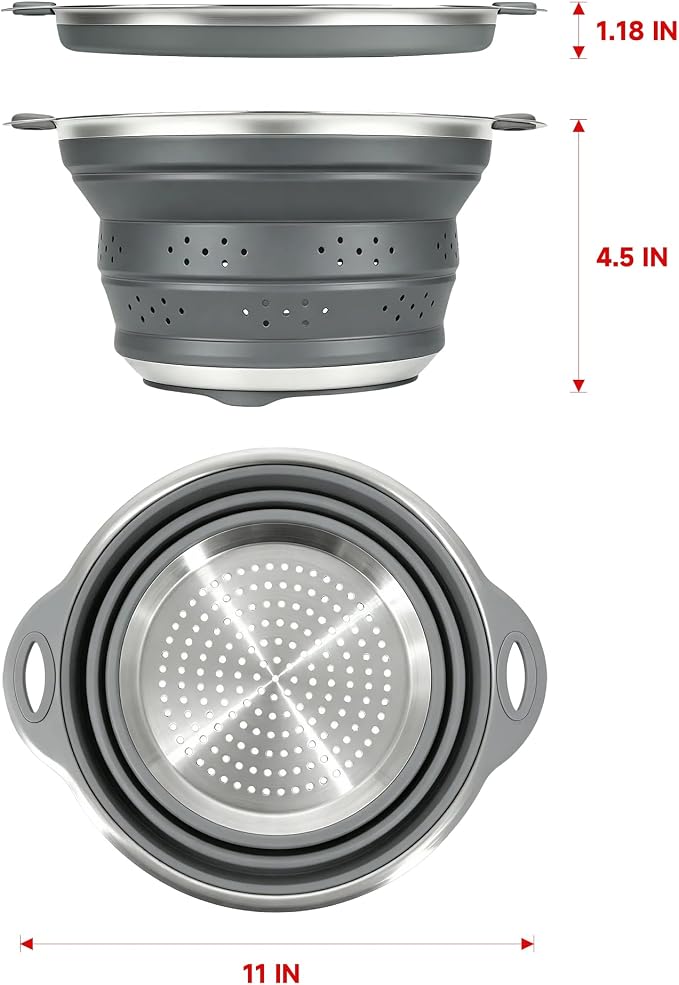 Mejoncb Collapsible Colander – Platinum Silicone Strainer with Stainless Steel Base, BPA-Free & Heat Resistant Kitchen Drain Basket (Gery)