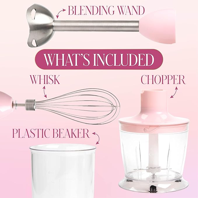 Paris Hilton Hand Blender Set, 3-in-1 Immersion Blender with Whisk, Blending & Chopper Attachments, 400W High Speed, Pink with Gold Accents, Handheld Blender for Smoothies, Soups, Sauces, Cream, Pink