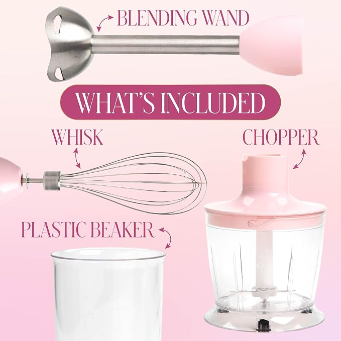 Paris Hilton Hand Blender Set, 3-in-1 Immersion Blender with Whisk, Blending & Chopper Attachments, 400W High Speed, Pink with Gold Accents, Handheld Blender for Smoothies, Soups, Sauces, Cream, Pink