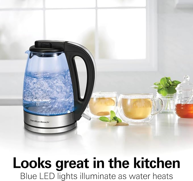 Hamilton Beach 1.7 Liter Electric Tea Kettle, Water Boiler & Heater | Fast Boiling 1500 Watts | BPA Free | Cordless Serving | Auto-Shutoff & Boil-Dry Protection | LED Indicator | Clear Glass