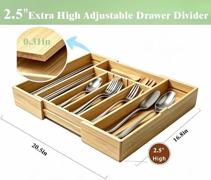 Large Expandable Silverware Organizer | 2.5" High,DIY Partition,Premium Bamboo Cutlery Tray Flatware Holder
