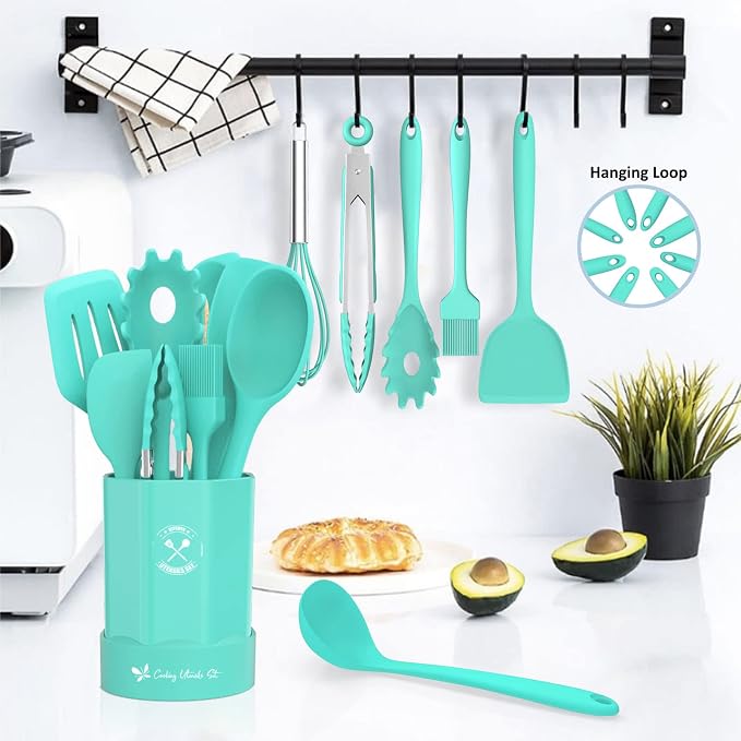 Silicone Kitchen Utensils Set, 16-Piece Silicone Cooking Utensils by Deedro | Heat Resistant Kitchen Tools Set with Holder, Nonstick Spatula Kitchen Gadgets for Cooking & Baking, Green