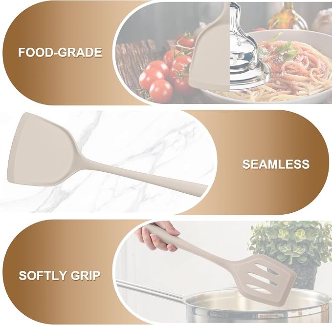 TeamFar Silicone Cooking Utensils Set, 5-Piece Kitchen Utensils Se | Heat Resistant Nonstick Slotted Solid Spoon Turner Pasta Server for Frying Serving Mixing, Non-Toxic & Dishwasher Safe, Khaki