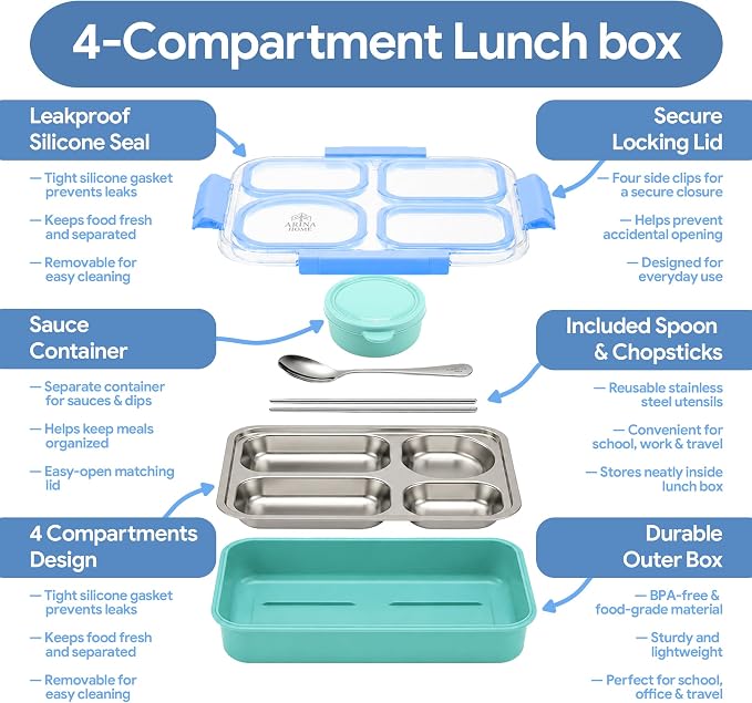 Large 11" x 8" Stainless Steel Bento Lunch Box for Adults with 4 Compartments Leakproof Lid BPA-Free 304 Stainless Steel Food Container That Keeps Food Separate, Ideal for Office and Travel use, Blue