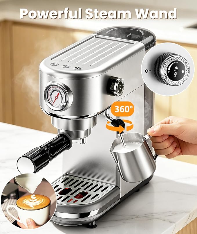 atatix Espresso Machine with Milk Frother, 20 Bar Pressure Espresso Maker | with 44OZ Removable Tank, Compact Stainless Steel Coffee Machine for Home, Office, Latte, Cappuccino, Macchiato, Silver