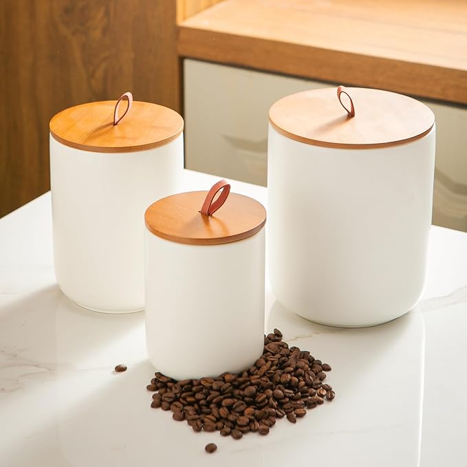 Mowtanco White Ceramic Canister & Jar Set, Airtight Bamboo Lids 3-Piece | 30/48/82 oz airtight storage containers jars for flour, sugar, tea, coffee, pasta, nuts, kitchen counter canister set