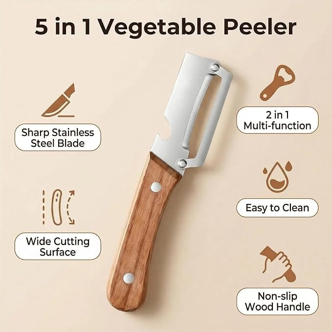 NEW Premium Vegetable Peeler with Wooden Handle and Bottle Opener: 2-in-1 Stainless Steel Kitchen Tool for Fruit Apple Potato Pumpkin Papaya (1Pcs)