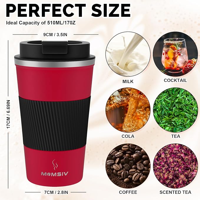 MOMSIV 17oz Travel Coffee Mug, Insulated Coffee Cup with Leakproof Lid | 6-Hour Heat Retention, 360°Leak proof, Vacuum Stainless Steel Double Walled, BPA-free, Reusable And To Go Coffee Mug