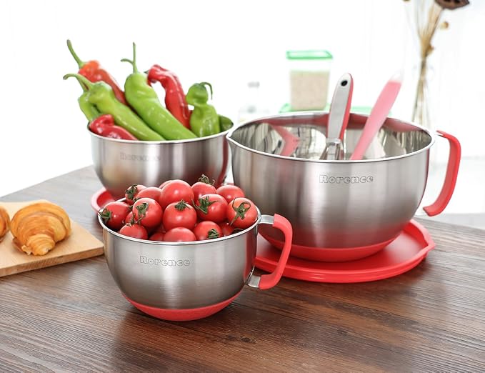 Stainless Steel Mixing Bowls Set with Lids,1.5,3 & 5 Qt,Red | Non-Slip Silicone Base,Precision Pour Spout,Ergonomic Easy-Grip Handle,Measurement Marks,Airtight Lids,Cooking & Meal Prep