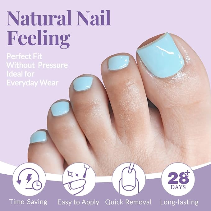 AddFavor 160pcs Blue Press on Toenails for Women, Full Cover Fake Toe Nail Tips with Adhesive Tabs, Artificial Pedicure Toe Nail Press ons, Blue False Toenail Press ons