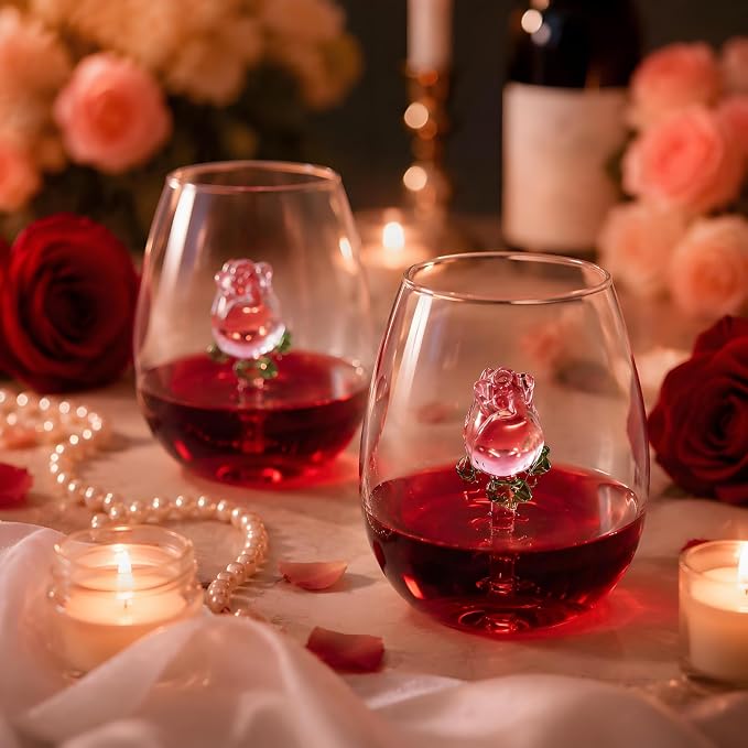 Pumtus Set of 2 Stemless Wine Glassware with Rose Inside, 20 OZ Large Stemless Floral Wine Glasses, Unique Short Wine Tumbler, Romantic Fancy No Stem Beverage Cup for Lover Gift, Wedding, Bar