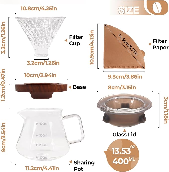 Pour Over Coffee Maker 400ml Borosilicate Glass Drip | Coffeemaker Server Set with 50pcs V60 Cone Paper Filters Walnut Collar Glass Lid Clear Hand Brew Dripper Carafe 13.5oz