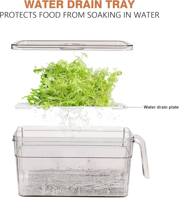 2 Pack Plastic Food Storage Produce Containers for Fridge, Stackable Lettuce Keeper for Refrigerator with Removable Drain Tray Keep Fresh for Vegetables/Fruit/Berry/Salad - 10'' x 5.3'' x 5.2''