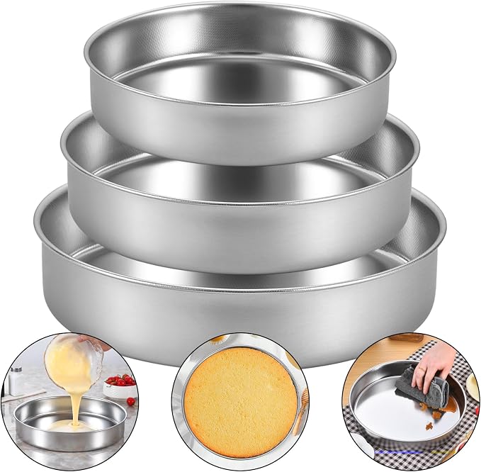 Inqibee 8-9.5-11 Inch Round Cake Pan Set, Stainless Steel Textured Bottom | Tri-ply Stainless Steel, Rolled Rim Layer Cake Bakeware, Oven & Dishwasher Safe, Healthy Non-Toxic for Birthday Wedding Cake