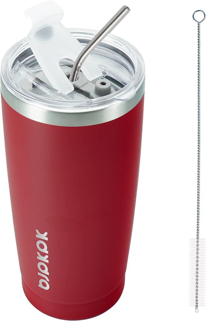 BJPKPK 20oz Coffee Tumbler with Lid & Straw, Insulated Stainless Steel Mug | Double Wall Vacuum, Keeps Hot/Cold, BPA Free, Leak Proof, Iced Coffee Cup Fit Car Holder, Travel & Beach, Red