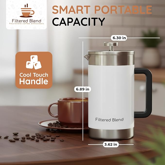 54 oz French Press Coffee Maker, Stainless Steel, Double Filter, White | French Press Coffee Maker, Stainless Steel, Double Mesh Filter, Hot & Cold Brewer, Travel Friendly Gift, White