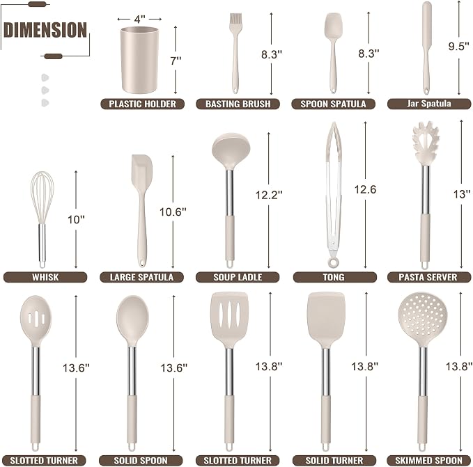 E-far 14 Pieces Silicone Cooking Utensils Set, Kitchen Utensils Set with Holder, Spatula, Ladle, Spoon, Tong, Slotted Turner for Nonstick Cookware, Heat Resistant & Stainless Steel Handle, Khaki