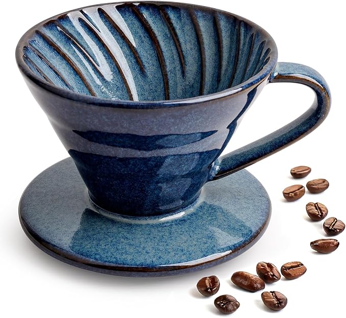 Pour Over Coffee Maker, Single Cup Ceramic Coffee Dripper, Reusable Filter Cone Drip Holder Slow Brewer with Hole Flat Bottom for Home, Office, Travel, Camping (Blue)