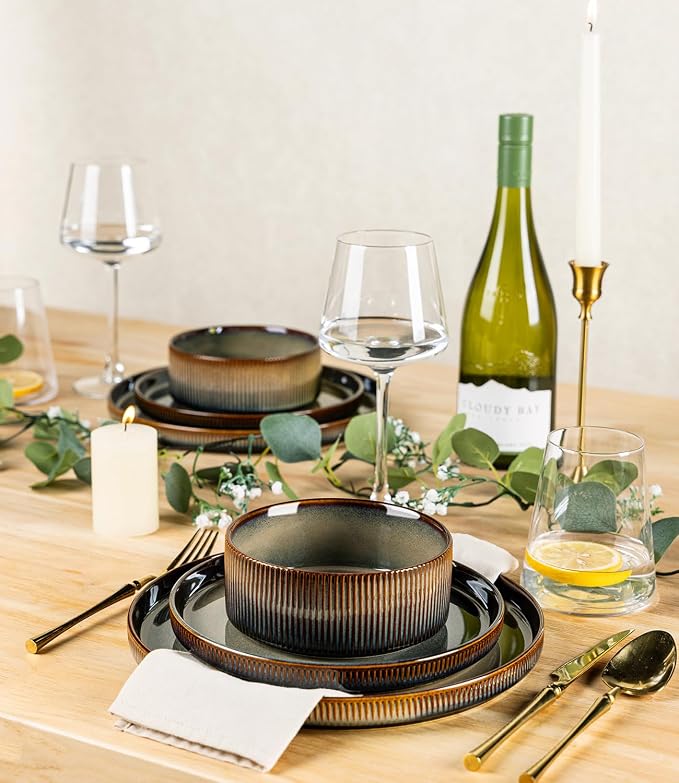 Ceramic Dinnerware Set for 4, 12-Piece Plates and Bowls Set | Lightweight Porcelain Dish Set, Scratch Resistant, Oven & Microwave & Dishwasher Safe, Brown