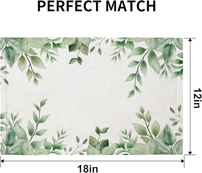 QIYI Boho Table Placemats Set of 6, 12"x18" Linen Place Mats, Green Leaves | Fabric Place Mats for Kitchen Dinning, Farmhouse Rustic Cloth Table Mats, Washable Placemat Party Table Décor