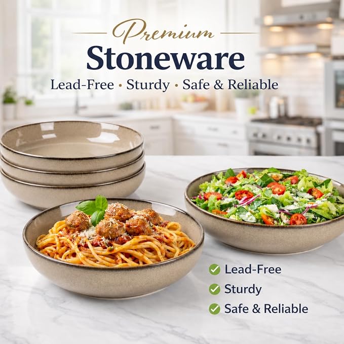 GBhome 8.75'' Large Ceramic Pasta Bowls, 38oz Stoneware Pasta Serving Bowls Set of 4 for Kitchen, Wide Bowls for Fruit,Pasta,Salad,Oatmeal,Meal, Microwave Safe, Reactive Glaze