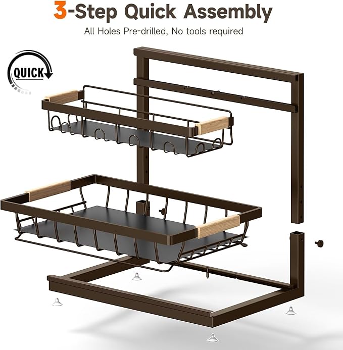 2-Pack 2-Tier Height Adjustable Under Sink Organizer & Storage | Multi-purpose storage for kitchen & bathroom cabinet. Extra Large brown shelf, height adjustable design for space-saving.