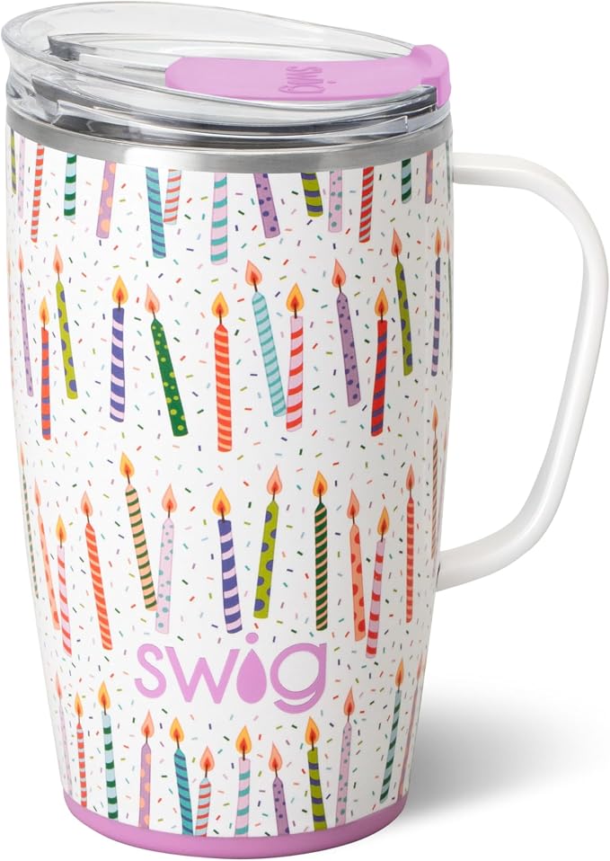 Swig Life 18oz Travel Mug, Insulated Tumbler with Handle and Lid, Cup Holder Friendly, Dishwasher Safe, Stainless Steel, Birthday Gifts for Women (Make a Wish)