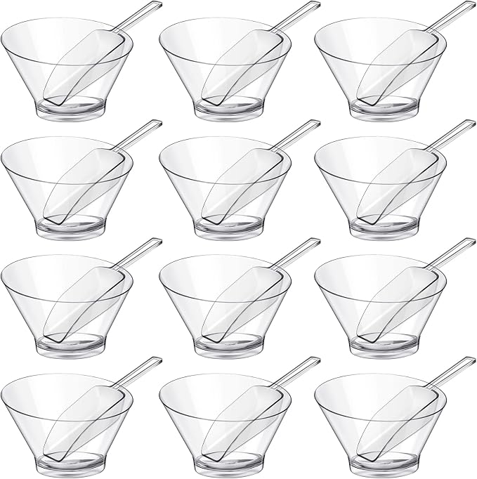 Sawysine Plastic Clear Serving Bowls with Kitchen Plastic Scoops | 24 Pcs Salad Serving Bowls Popcorn Scoops Angled Candy Container for Salad Cooking Parties