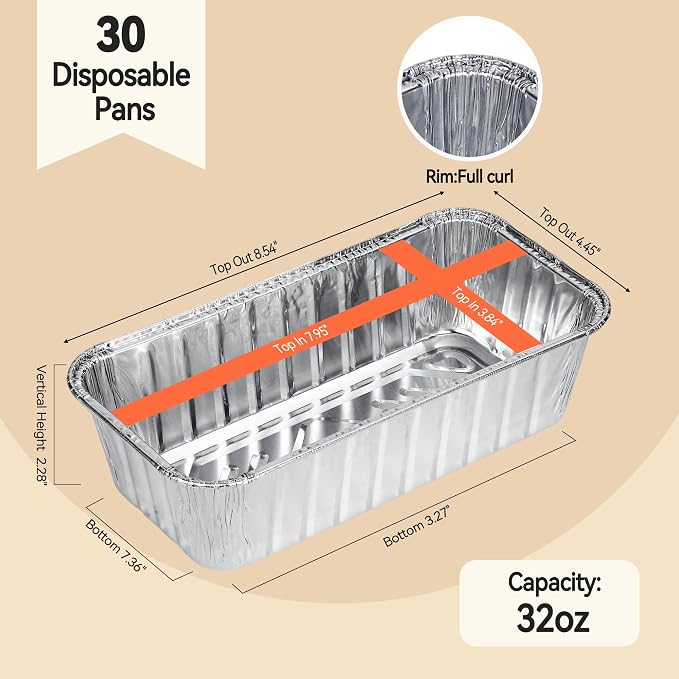 2lb Aluminum Loaf Baking Pans,Heavy Duty Foil Baking Container | Aluminum Foil Pans for Baking Holiday Treats Food Storage, Takeout,Homemade or Commercial- 8.5 x 4.5 x 2.5 (30 Pack)