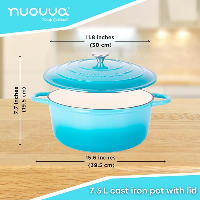Cast Iron Dutch Oven with Lid - Non-Stick Ovenproof Enamelled Casserole Pot - Sturdy Dutch Oven Cookware - Blue, 7.3- Quart, 30cm- by Nuovva