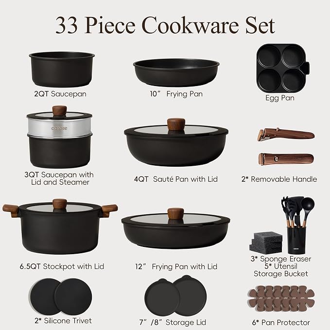 CAROTE 33pcs Pots and Pans Set Non Stick, Detachable Handle Cookware Set | Induction Compatible, Dishwasher & Oven Safe, Space Saving, for Camping/RV/Traveling, Kitchen Cooking Set, Black