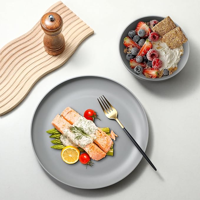 24-Piece Dinnerware Set, Service for 8, Unbreakable Plates and Bowls Set, BPA-Free, Dishwasher Safe, Gray Tableware for Kitchen, Party and Picnic