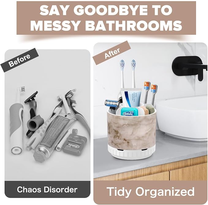 GFWARE Rotating Marble Toothbrush Holder for Bathroom Organizer, Drainage | Detachable 6 Slots Kids Electric Toothbrush and Toothpaste Holder, Bathroom Countertop Sink Storage Caddy, Marble-Look